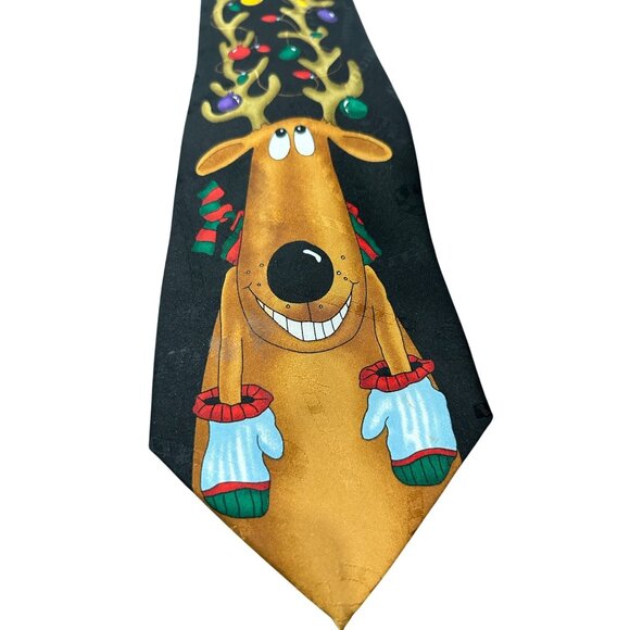 Hallmark Jolly Tie Greetings Reindeer Christmas Necktie Black - Picture 2 of 9